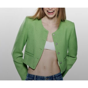 Zara Jacket Womens Small Green Tweed Textured Cropped Rhinestone Button Dressy